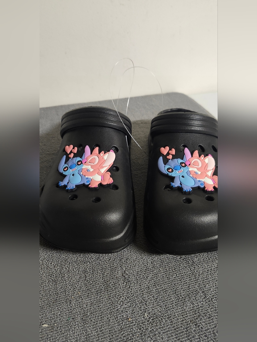 Womens Black Clog Shoes with Blue & Pink Cartoon Charms